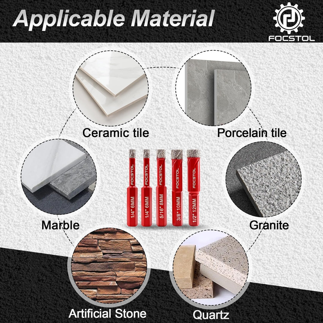 FOCSTOL komplet 6/6/8/10/12 mm – diamantni svedri za keramiko, porcelan, marmor in granit (5-delni)