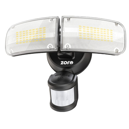 Vodoodporen Zofo LED reflektor s senzorjem gibanja (4000LM, 5000K, IP65, 230V) na črni okrogli osnovi z nastavljivimi pravokotnimi paneli. Znamka Naklikaj.si.