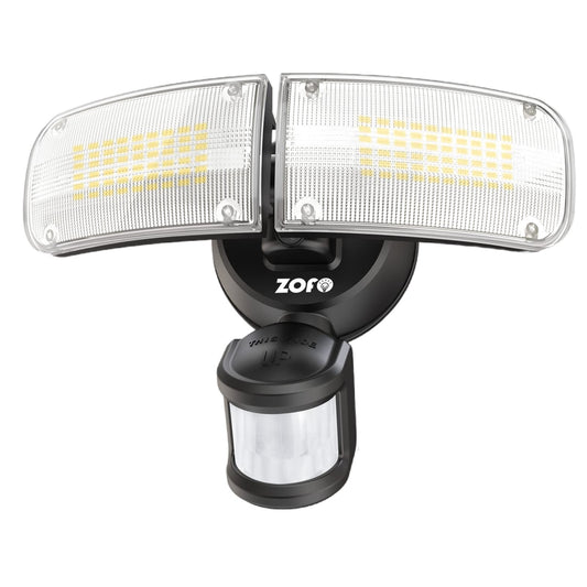 Vodoodporen Zofo LED reflektor s senzorjem gibanja (4000LM, 5000K, IP65, 230V) na črni okrogli osnovi z nastavljivimi pravokotnimi paneli. Znamka Naklikaj.si.