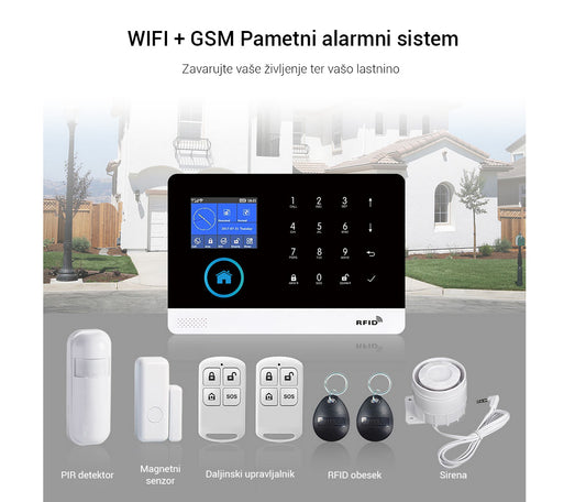 Naklikaj.si PGST pametni brezžični alarmni sistem Wi-Fi + GSM (RFID, aplikacija Tuya) vključuje ploščo z zaslonom na dotik, 2 črna ključa, 2 daljinca, 3 senzorje gibanja, 6 senzorjev vrat/oken, gumb SOS, sireno, napajalnik in baterijo LiOn.