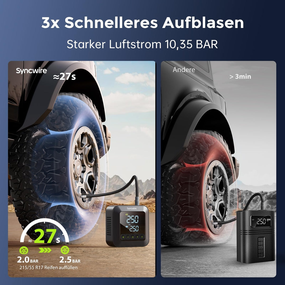 Vrhunski SYNCWIRE prenosni električni kompresor za pnevmatike – 10.35 BAR - 1 leto garancije