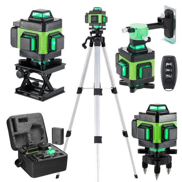 Gradbeni laser 4x360° z zelenim žarkom, 16-linijski s teleskopskim stativom + 1x baterija 2400mah, garancija