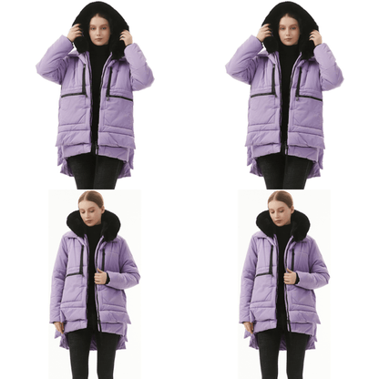 Ženska zimska puhasta jakna – dolga, modna bunda z umetnim krznom (vijolična L)