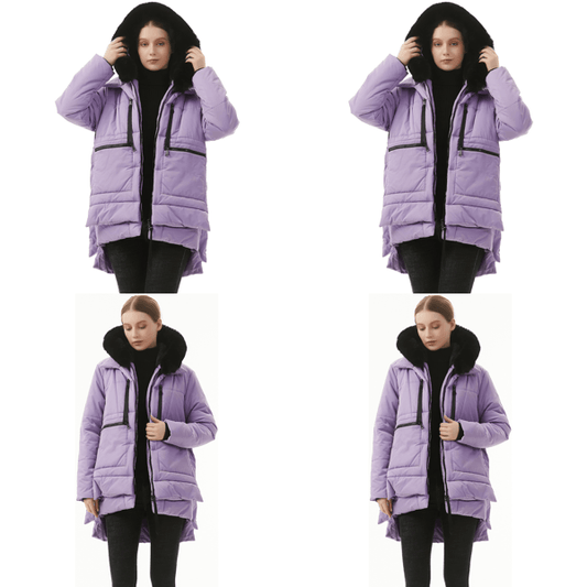 Ženska zimska puhasta jakna – dolga, modna bunda z umetnim krznom (vijolična L)
