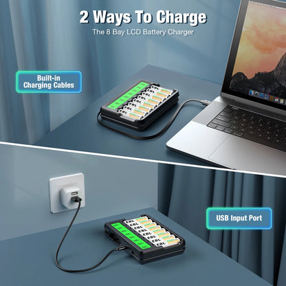 🔋 EBL Smart Charger + 8×3000mah Batteries – LCD Display, USB Power Supply