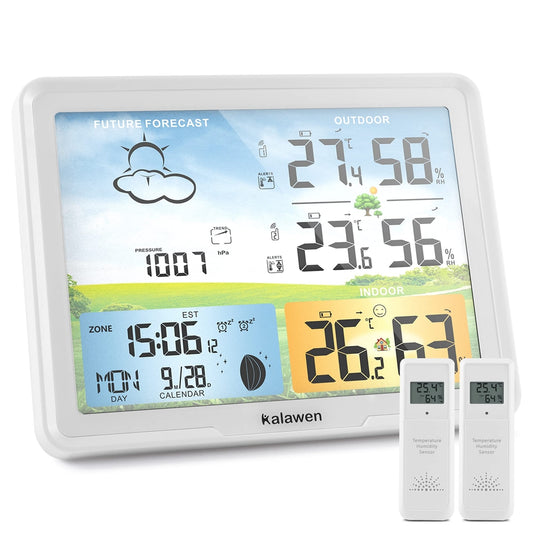Naklikaj.si Kalawen brezžična vremenska postaja z LCD zaslonom prikazuje napoved, zunanjo/notranjo temperaturo in vlago, barometrični pritisk, uro, datum ter koledar; priložena 2 bela zunanja senzorja.