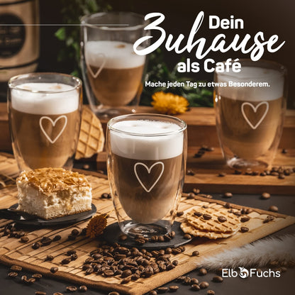☕ ElbFuchs® komplet 6x Cappuccino kozarcev s srčkom (350 ml, dvojna stena)