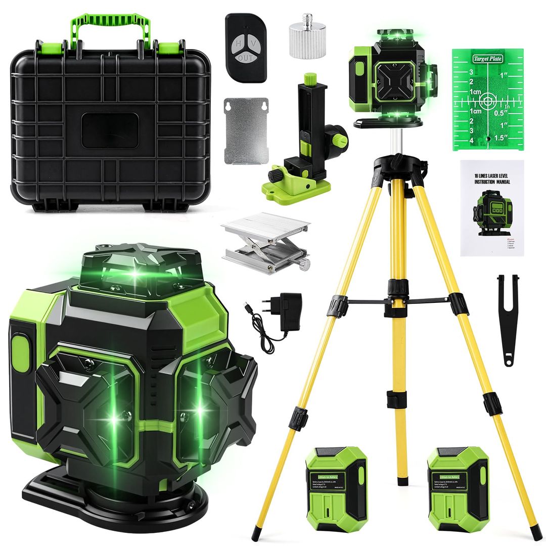 Gradbeni laser 4x360° z zelenim žarkom, aplikacija, daljinec, 2x baterija, stojalo