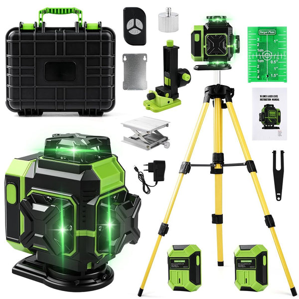 Gradbeni laser 4x360° z zelenim žarkom, aplikacija, daljinec, 2x baterija, stojalo - naklikaj.si
