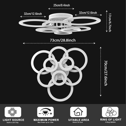 💡 RUYI modern LED ceiling lamp with remote control – 9 rings, 120W, 10800LM
