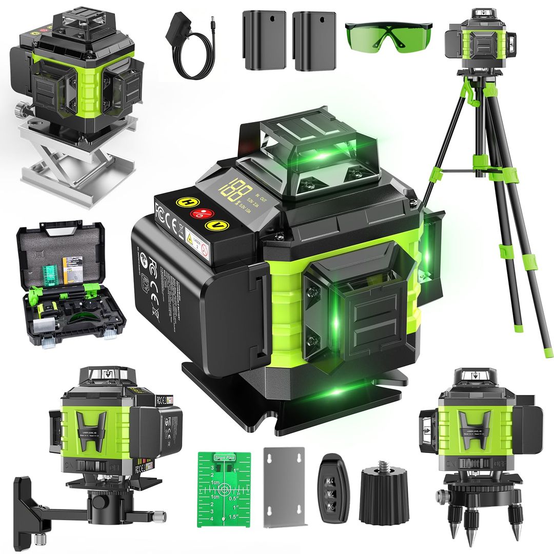 Gradbeni laser 4x360°, 2x baterija s stojalom in dodatki - zelen žarek
