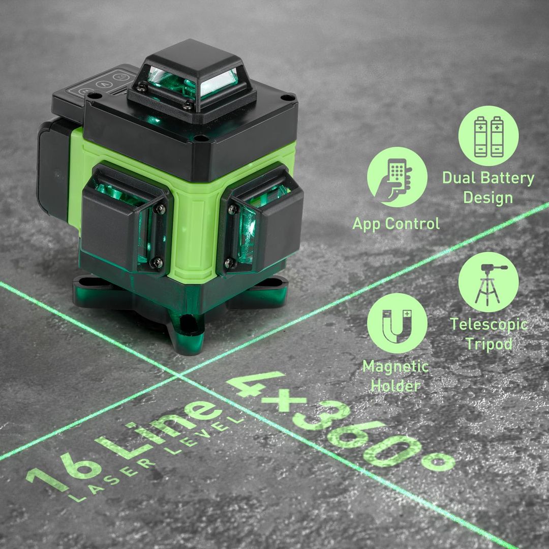 Gradbeni laser 4x360° z zelenim žarkom, 16-linijski s teleskopskim stativom + 2x baterija 2400mah, garancija - naklikaj.si