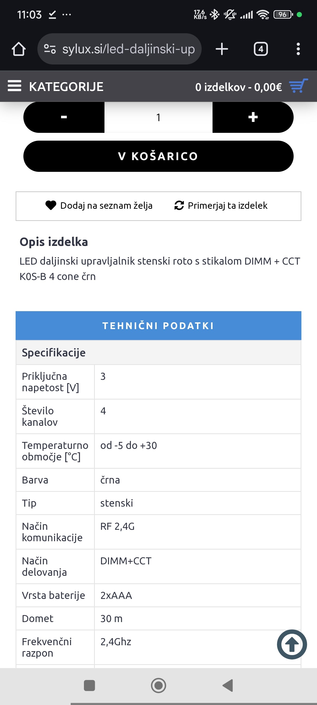 Brezžični LED daljinski upravljalnik stenski rolo s stikalom DIMM + CCT MiBoxer KOS-B (4 cone)