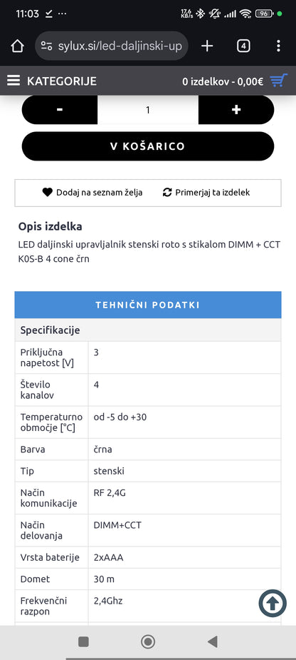 Brezžični LED daljinski upravljalnik stenski rolo s stikalom DIMM + CCT MiBoxer KOS-B (4 cone)