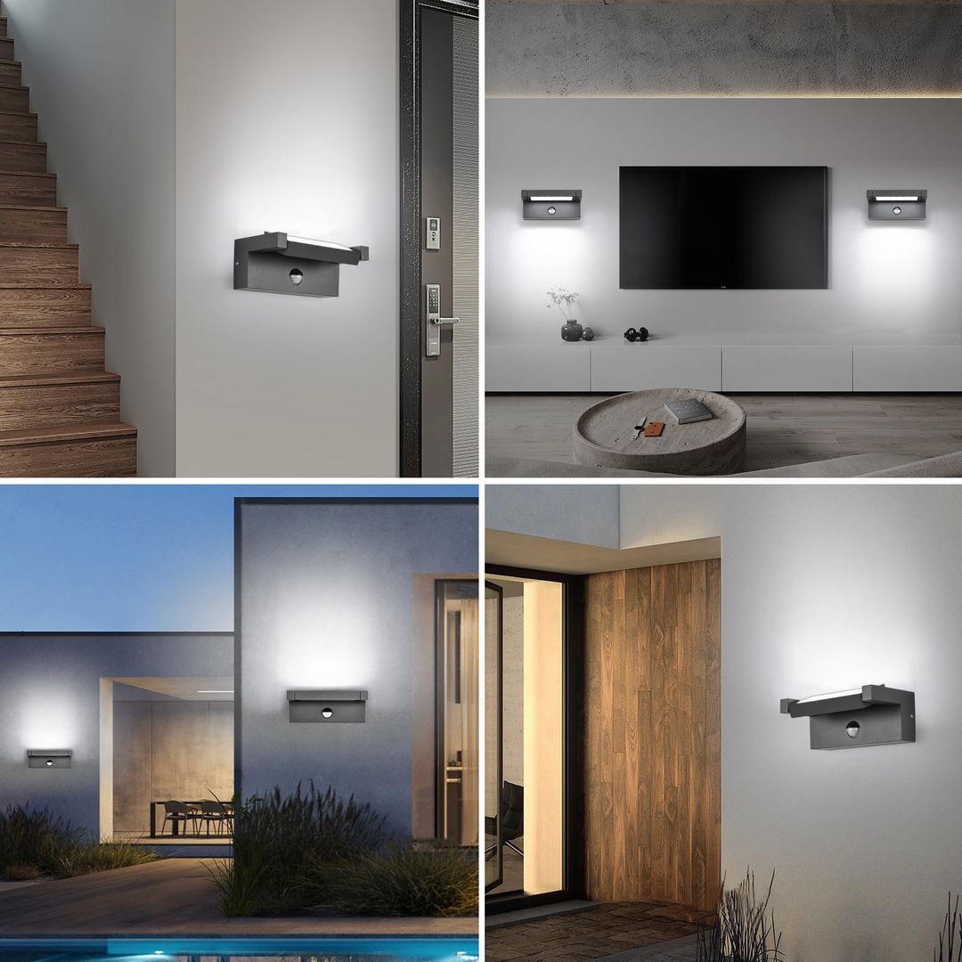 LED zunanja stenska svetilka s senzorjem gibanja, 22W, 6500K, IP65, antracit