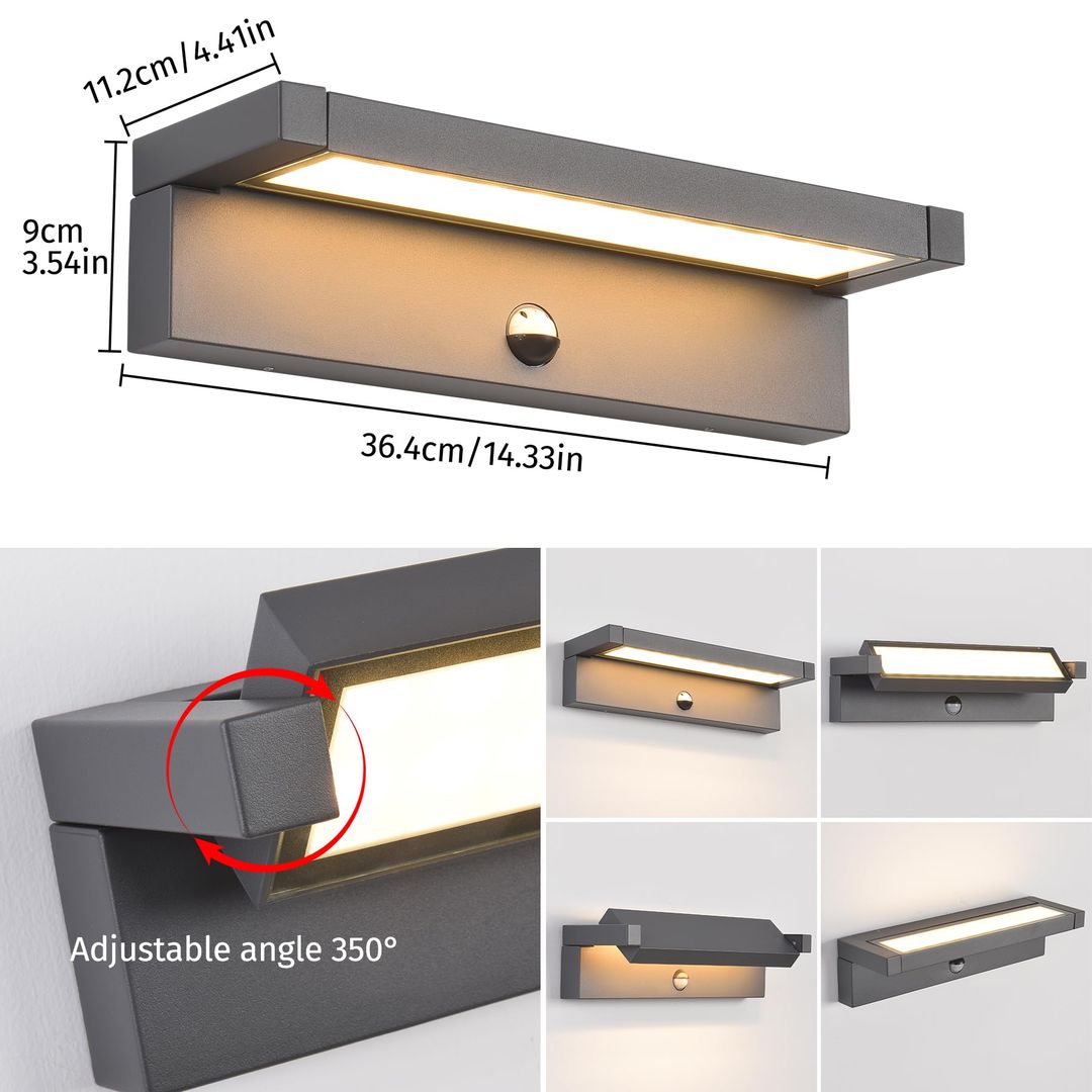 Zunanja LED stenska svetilka s senzorjem gibanja, 36 W, 3000K, antracit