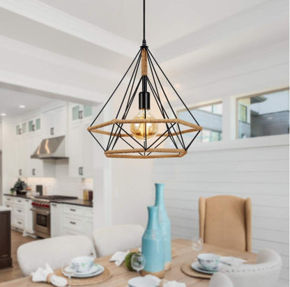 💡 Industrial pendant light with metal frame and hemp rope, E27