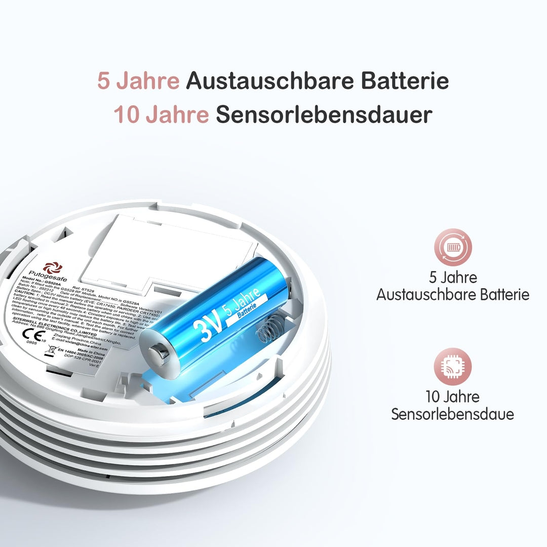 PUTOGESAFE set 6 brezžičnih povezanih javljalnikov dima – 868 MHz, 10-letna življenjska doba