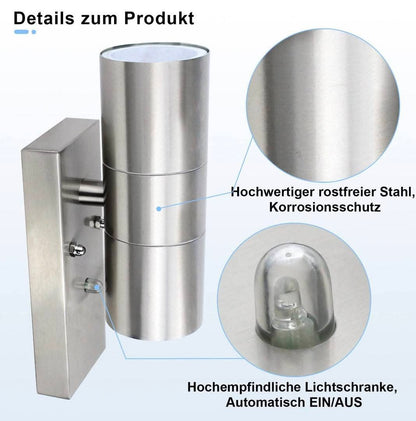 Outdoor LED wall light with built-in dusk sensor (automatic on/off), GU10