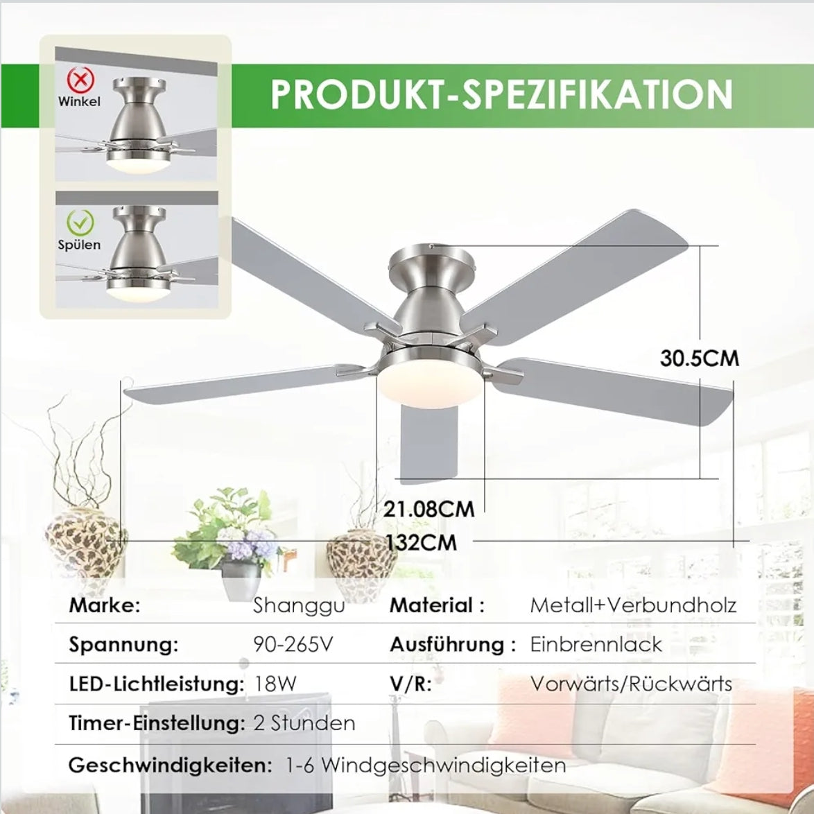 Shanggu stropni ventilator z lučjo (nikelj) - 132 cm, daljinec, aplikacija - naklikaj.si