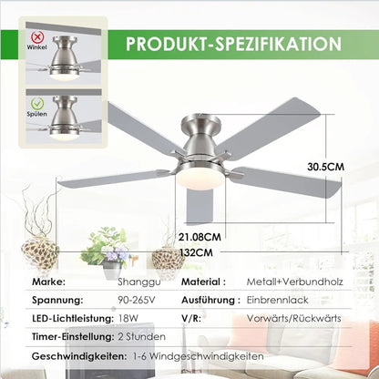 Shanggu stropni ventilator z lučjo (nikelj) - 132 cm, daljinec, aplikacija - naklikaj.si