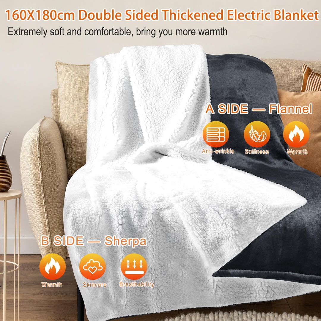 Električna odeja 180×160 cm – dvostranska (flanel / sherpa), s termostatom - 160W - (Poškodovana embalaža)