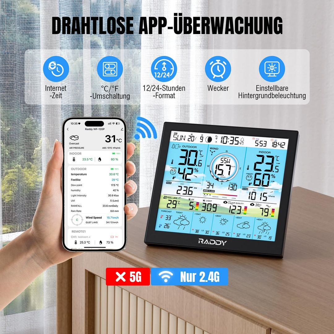 Profesionalna Raddy WF-120P WiFi vremenska postaja – 10" barvni zaslon, zunanji 7-v-1 senzor, garancija