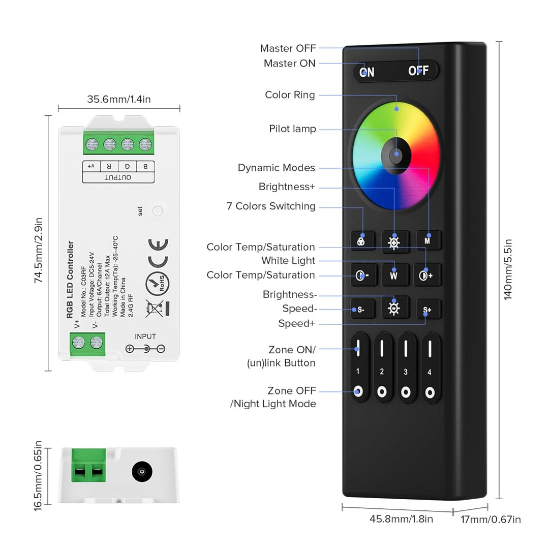 BTF-LIGHTING RGB FCOB/COB RF 2.4GHz komplet – daljinec + 4x RGB sprejemnik