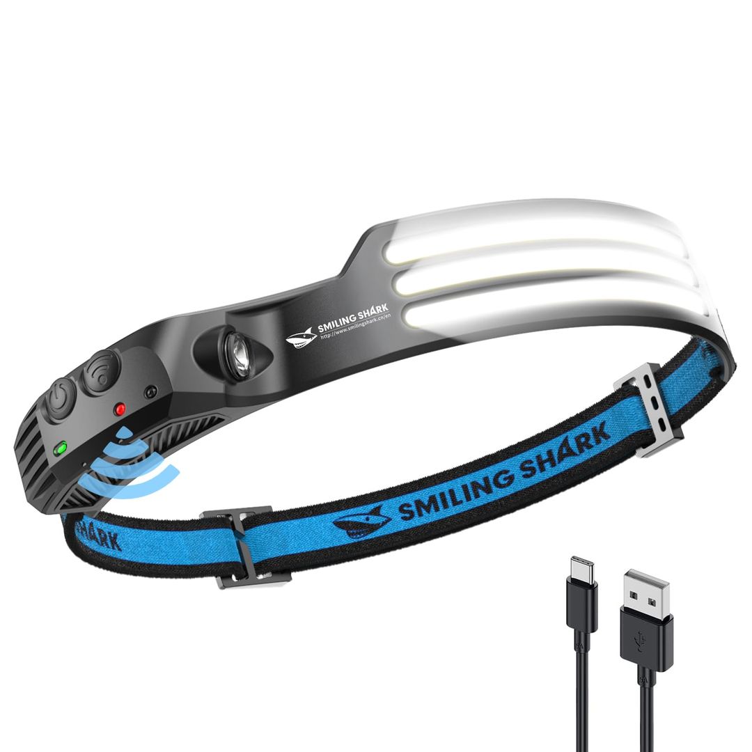 Polnilna naglavna svetilka Smiling Shark z 230° širokim snopom - naklikaj.si