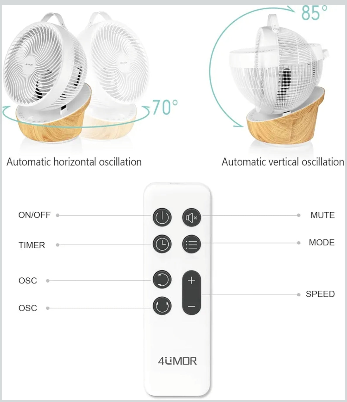 4UMOR profesionalni namizni krožni ventilator FS04 – tih, 12 hitrosti, daljinec, 3D oscillacija, za 30m²