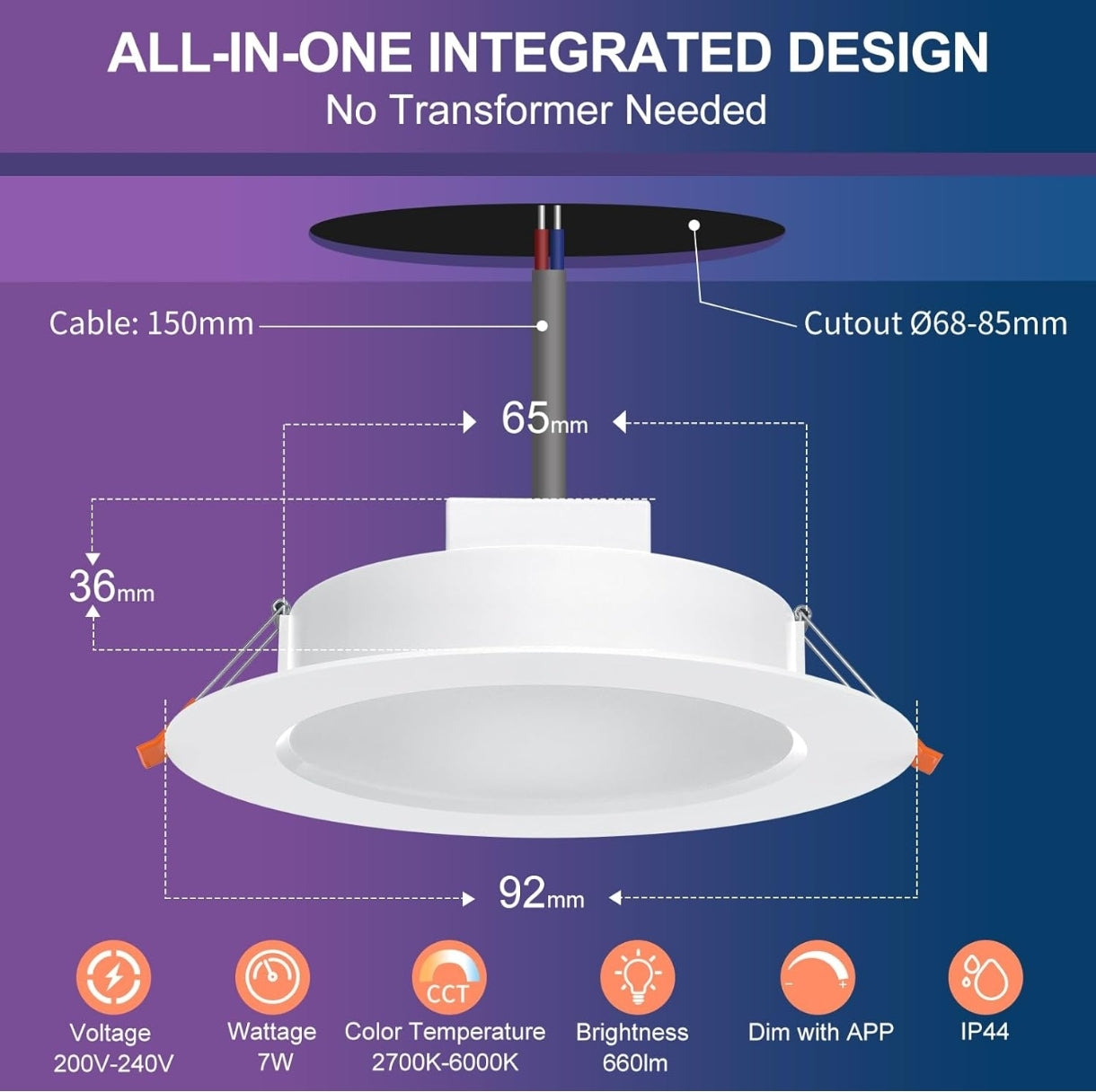 💡4x Dusktec RGB+CCT+Alexa LED smart recessed light 7W (92mm) – white