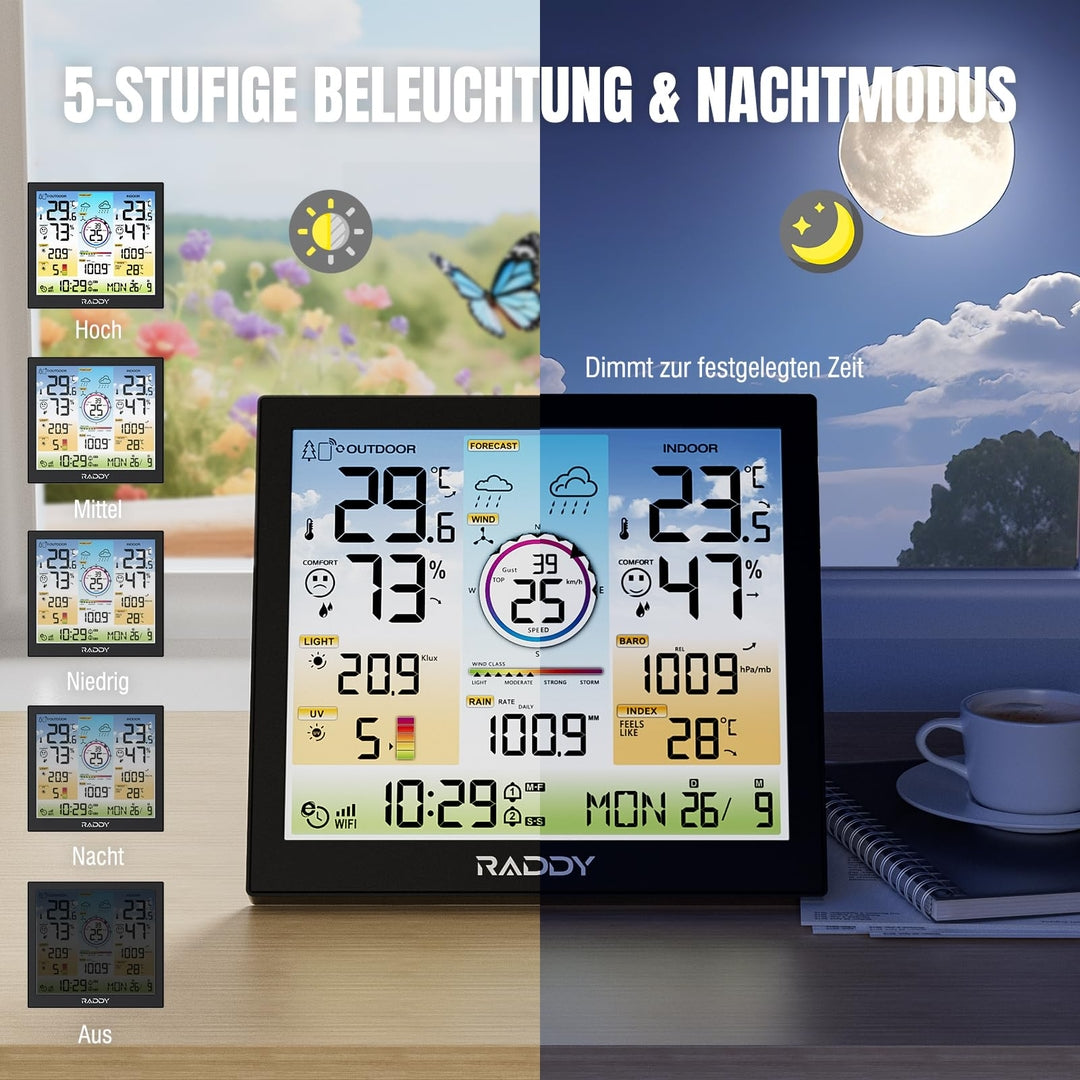 Raddy WF-120C WiFi vremenska postaja – 10" barvni zaslon, zunanji 7-v-1 senzor, garancija