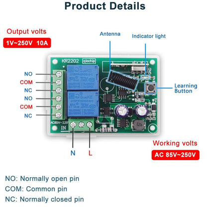 Brezžični RF relejni modul 433 MHz z dvema daljincema - 2 kanala