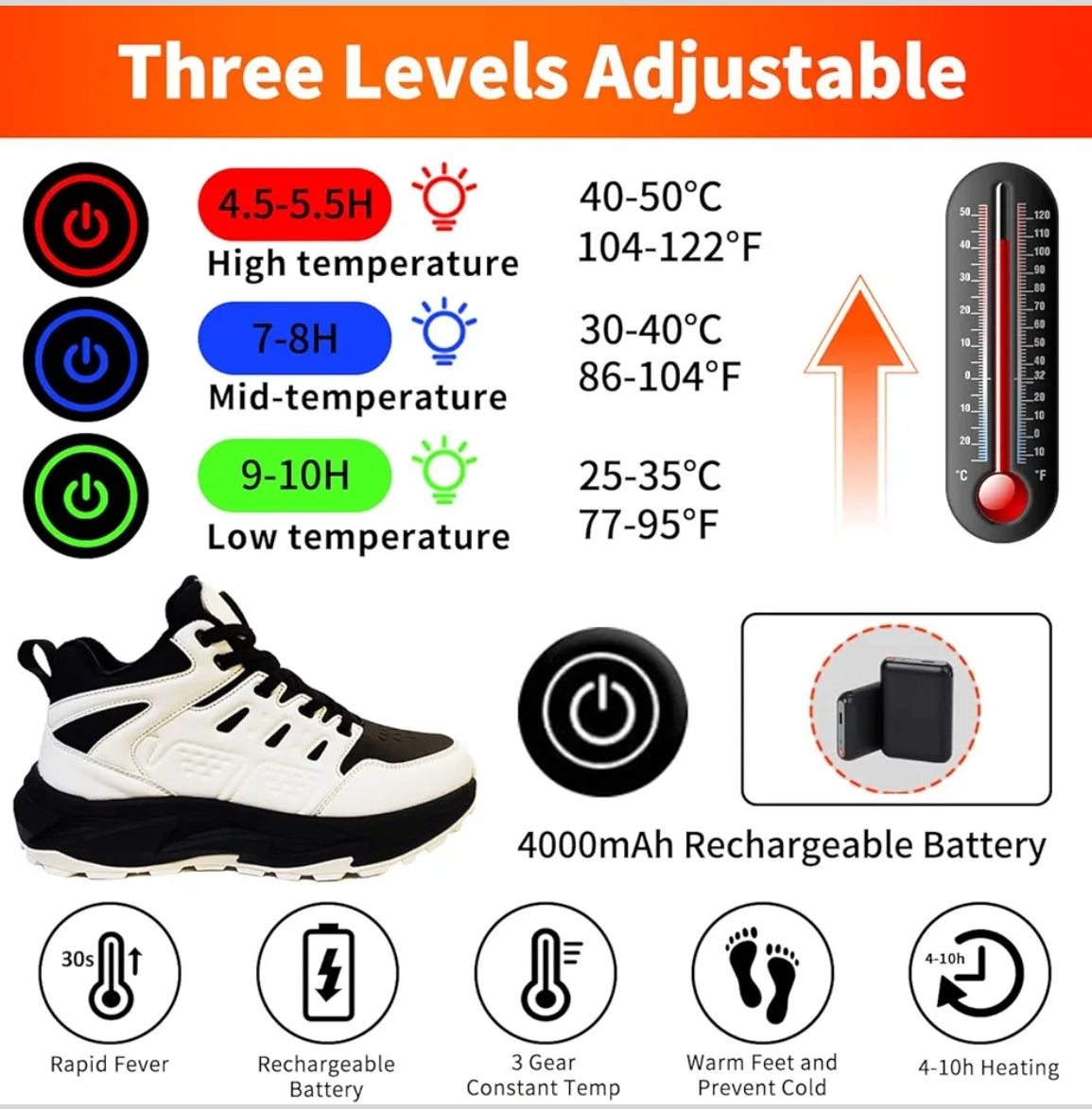 JINPURGON ogrevani zimski pohodni čevlji – vgrajena baterija, polnjenje USB (črni, beli, črni & beli)