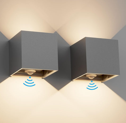 💡 Komplet 2x KLIGHTEN zunanja LED stenska svetilka 12W s senzorjem gibanja –  siva, nastavljiv kot snopa, IP65, 3000K, aluminij