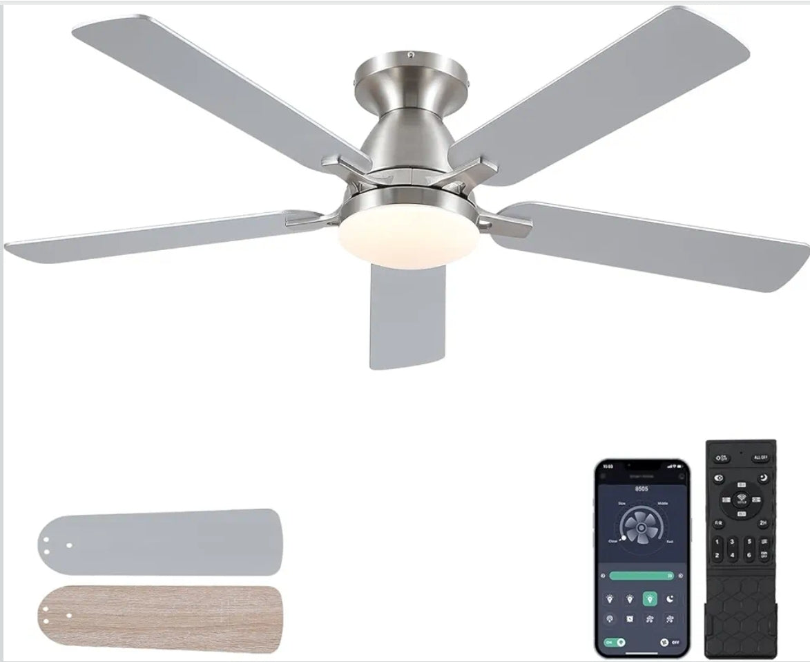 Shanggu stropni ventilator z lučjo (nikelj) - 132 cm, daljinec, aplikacija - naklikaj.si