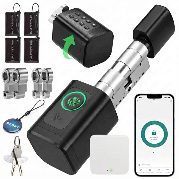 AceMining pametna ključavnica na prstni odtis, PIN, 4x kartica, aplikacija, WiFi gateway prehod - 60-90mm+25mm - črna