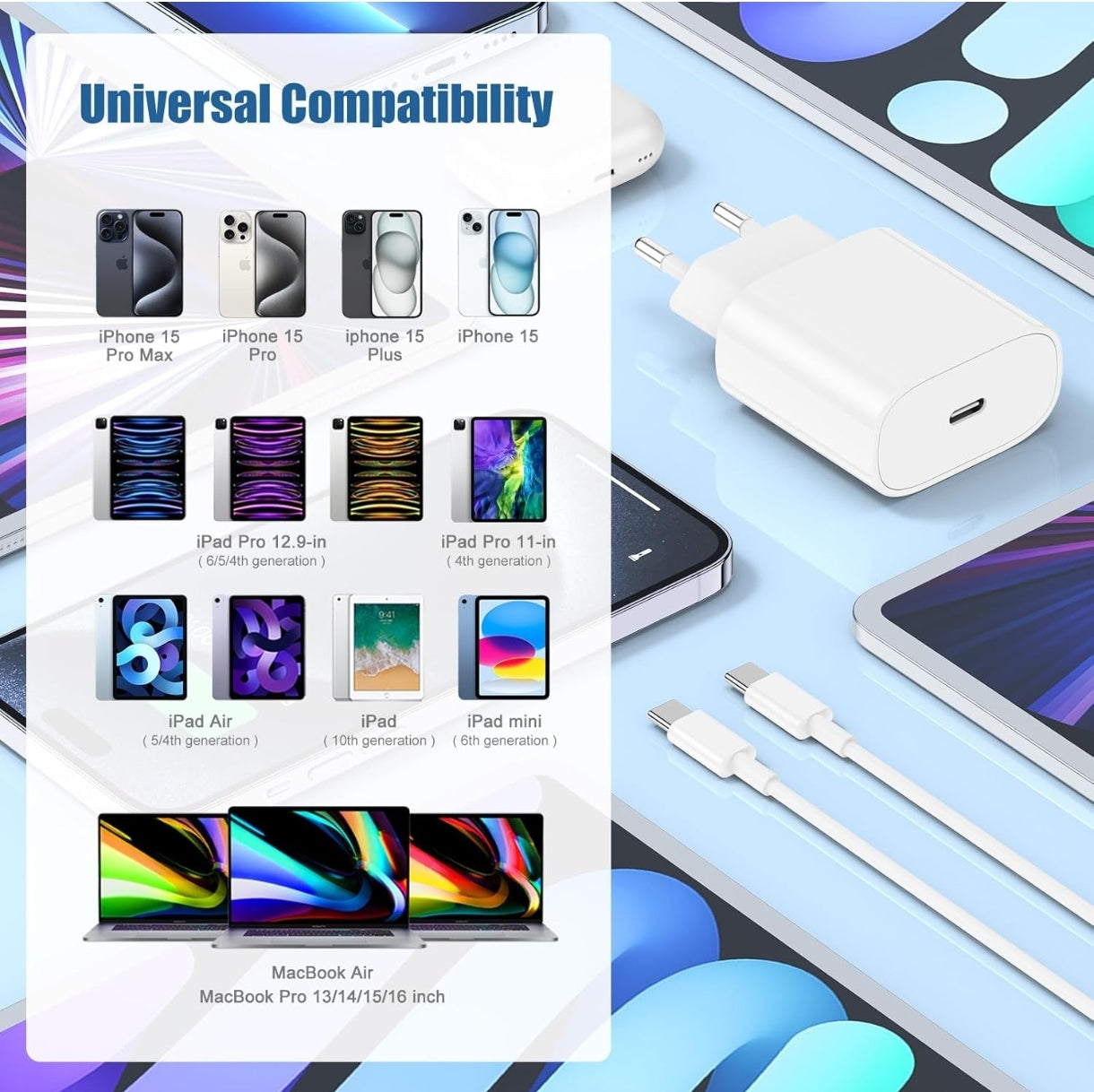 2kom 20W USB-C hitri polnilec + 60W USB-C na USB-C kabel (2pack)