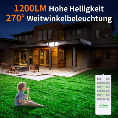 🌞Solar LED spotlight INTELAMP with 2 motion sensors and remote control, 1200lm, 6000mah, white light