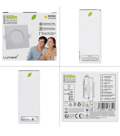 💡6x Lumare LED recessed light 6W, 3000K – square (round cutout 100mm)