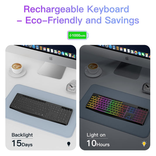 TECURS brezžična gaming tipkovnica – RGB osvetlitev, polna velikost, polnilna