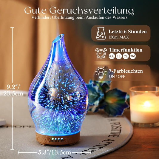 PORSEME 3D Aroma Difuzor 150 ml – stekleni ultrazvočni difuzor z LED osvetlitvijo