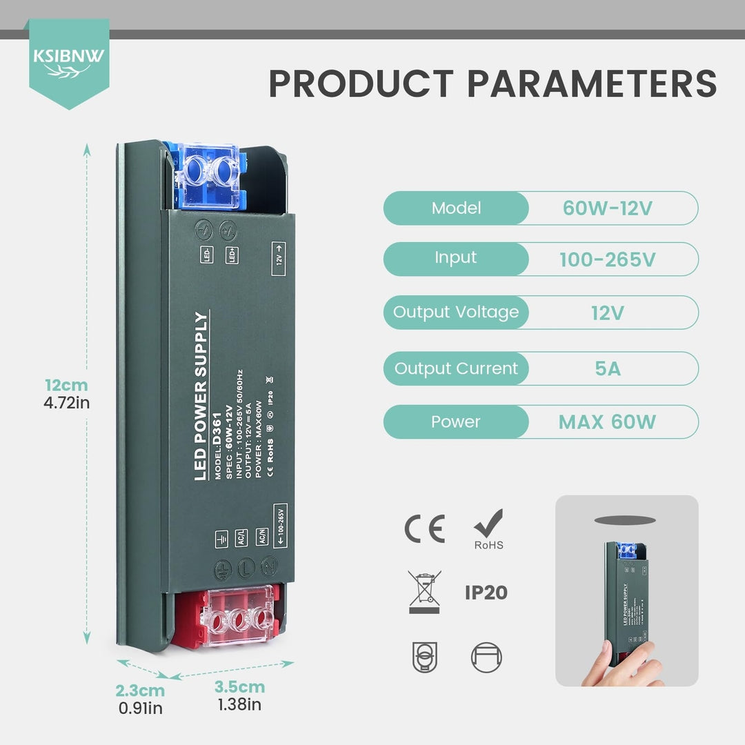 KSIBNW LED napajalnik / transformator 12V 5A 60W