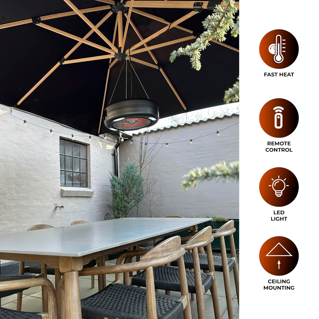 HOME IT viseči zunanji grelec – aluminij, karbonska cev, 1500 W, LED osvetlitev, daljinec