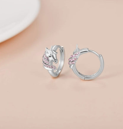 💎Children's unicorn earrings - 925 silver, Swarowski pink crystals