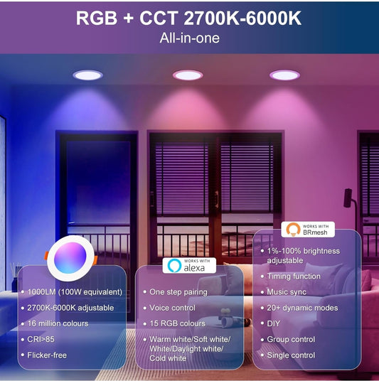 💡4x Dusktec RGB+CCT+Alexa LED smart recessed light 10W (122mm) – white