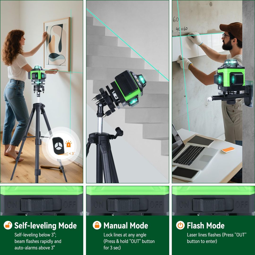 Gradbeni laser 4x360° z zelenim žarkom, 16-linijski s teleskopskim stativom + 2x baterija, garancija