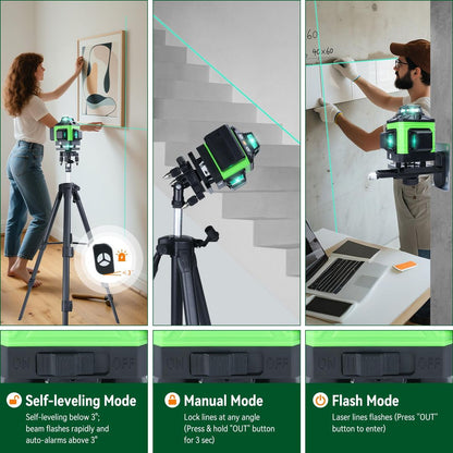 Gradbeni laser 4x360° z zelenim žarkom, 16-linijski s teleskopskim stativom + 2x baterija, garancija