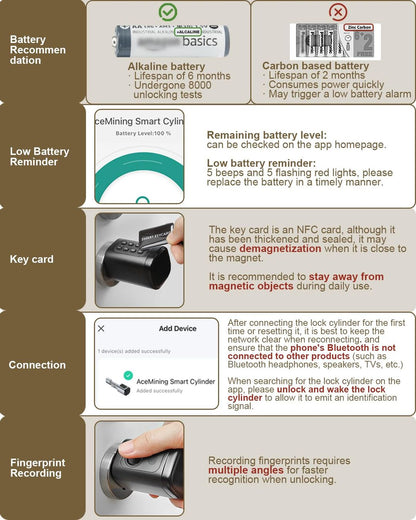 AceMining pametna ključavnica na prstni odtis, PIN, 4x kartica, aplikacija, WiFi gateway prehod - 60-90mm+25mm - črna