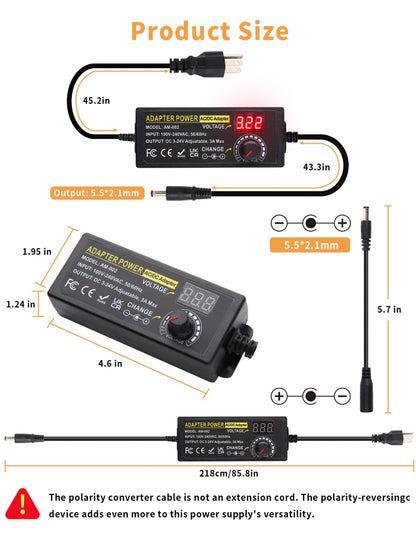 🔌 Adjustable universal power supply 3V–24V (72W, 3A) with LED display and 14 attachments